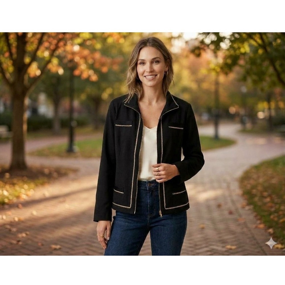 Chico's Zenergy Women 3/XL Full Zip Jacket Black Gold Chain Trim Light Stretch
